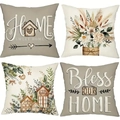 Rustic farmhouse 4-piece pillow cover set with floral prints and home sweet home text - Linen / Set of 4