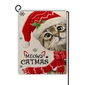 Drapeau de jardin de Noël avec motif chat et texte Meowy Catmas sur texture lin - Style Chat au Bonnet de Noël et Écharpe (13)