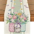 Chemin de table floral avec tulipes roses et lavande sur tissu en lin naturel - Bocaux Mason Jardin de Printemps / 33*183cm