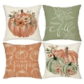 Vierer-Set Herbst-Kissenbezüge aus Leinen mit gemalten Kürbissen und Herbst-Schriftzug - 4er-Set / 45cmx45cm (Leinen)