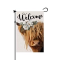 Garden flag with Welcome text, Highland Cow illustration and black metal stand - Wreath Highland Cow Welcome (18) / 30x45cm