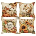 Set mit vier Kissenbezügen aus Leinen mit Herbstkürbis- und Sonnenblumenmotiven für Ihr Zuhause - 45x45cm (Leinen) / 4er-Set (Beiges Herbst-Serie)