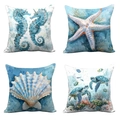 Set van vier kussenhoezen in aquarelstijl met zeeschildpad, zeepaardje en zeester patronen - 4-delige set / 45x45cm(Perzikhuid)