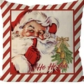 Detail van vintage Kerstman linnen kussensloop met rode gestreepte biesjes als afwerking - Ssh-kerstman Stijl / Linnen materiaal