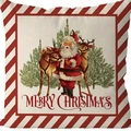 Detail van vintage linnen kussensloop met Kerstman, rendieren en kersttekst print - Kerstman En Rendier Stijl / Linnen materiaal