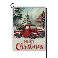 Drapeau de jardin de Noël avec camion rouge et bonhomme de neige sur lin - Style Noël Pickup Rouge Vintage (14)