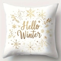 Detail von Hello Winter Text mit goldenen Schneeflocken auf weißem Kissenbezug - Hello Winter-Stil (3)