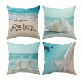 Detail of 4-piece ocean theme pillow covers with starfish, shells and sand beach prints - Ocean Beach 4-Piece Set (Short Plush) / 45x45cm