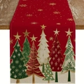 Christmas linen table runner featuring red backdrop and stylized colorful tree patterns - 33*90cm / Red Artistic Tree (2)