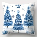 Detalle de funda de cojín navideño con árboles festivos pintados en acuarela azul - Estilo Bosque de Árboles de Navidad Azules (3) / 45*45cm (Felpa Corta)