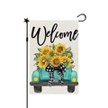 Welcome garden flag featuring sunflowers in a blue truck with a black metal stand - Sunflower Truck Welcome (20) / 30x45cm