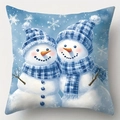 Detalle de la funda de cojín navideño de felpa con ilustración de muñecos de nieve - Estilo Doble Muñeco de Nieve Azul y Blanco (2) / 45*45cm (Felpa Corta)