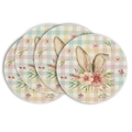 Set of 4 round linen placemats featuring Easter bunny ears and floral watercolor patterns - Easter Bunny Ear Plaid Style