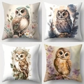 4er Set Eulen Kissenbezüge mit künstlerischen floralen Illustrationen für die Deko - 45x45cm / 4er-Set (Eulen-Illustration)