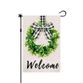 Garden flag with Welcome text, green wreath, and burlap texture on a black metal stand - Wreath Bow Welcome (22) / 30x45cm