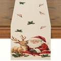 Christmas linen table runner with Santa Claus and reindeer print on a wooden table - 33*90cm / Santa Reindeer (4)