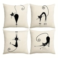 Juego de 4 fundas de cojín de lino con gatos negros juguetones de estilo bohemio - 45x45cm / Gato Negro Beige (Pack de 4)