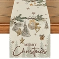 Linen Christmas table runner with reindeer and snowflakes on a wooden table - Merry Christmas Hanging (5)