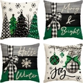 Detail of four Christmas linen pillowcases with snowmen, trees, and festive patterns - Style 1 (Green Black Grey White Set) / 45*45cm (Linen)