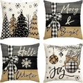 Detailed macro view of four linen Christmas pillow covers featuring winter holiday motifs - Style 2 (Black White Gold Brown Set) / 45*45cm (Linen)