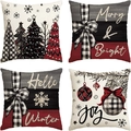 Set of 4 Christmas linen pillow covers with buffalo plaid trees and snowflake patterns - Style 3 (Red Black White Grey Set) / 45*45cm (Linen)