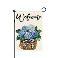 Garden flag with blue hydrangea basket and black metal stand for outdoor decor - Blue Hydrangea Welcome (24) / 30x45cm