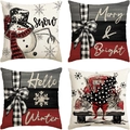 Set of 4 Christmas linen pillow covers with snowman, red truck and festive winter patterns - Style 4 (Red Black Snowman Truck Set) / 45*45cm (Linen)