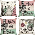 Detailed close-up of four Christmas linen pillowcases with festive snowman and tree prints - 45x45cm (4 Pieces/Pack) / Style 5