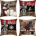 Close-up of linen Christmas pillow covers featuring snowmen and red truck patterns - 45x45cm (4 Pieces/Pack) / Style 6