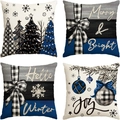 Set of 4 linen pillow covers with navy blue winter trees and snowflake prints for sofa decor - 45x45cm (4 Pieces/Pack) / Style 7