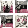 Set of 4 Christmas linen pillow covers with snowman and tree patterns in modern pink and grey - 45x45cm (4 Pieces/Pack) / Style 8