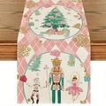 Pink Christmas table runner with nutcracker and tree pattern on checkered linen - Pink Nutcracker (6)