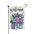 Spring garden flag with Welcome text, hydrangeas in mason jars, and metal hanger - Bottled Hydrangea Welcome (25) / 30x45cm