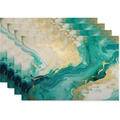 Set of 4 linen placemats with teal and gold marble print for Nordic table decor - Cyan Gold Fluid Art(18)
