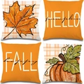 Juego de cuatro fundas de cojín otoñales con calabazas y hojas de arce y texto Happy Fall - 45*45cm (Felpa Corta) / Set de 4 piezas