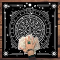 Tarot altar cloth featuring moon phases and zodiac symbols with celestial sun design - Black All-seeing Eye Astrology Compass