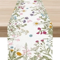 Camino de mesa de lino con flores de primavera y mariposas sobre mesa de madera clara - Estilo 1