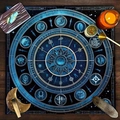 Macro detail of deep blue zodiac tarot tablecloth with celestial mandala and moon phase - Cosmic Blue Multilayer Star Chart