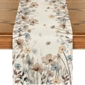 Detalle de camino de mesa de lino con estampado floral acuarela sobre mesa de madera - Estilo 2