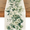 Detalle del camino de mesa de lino con flores de acuarela sobre mesa de madera oscura - Estilo 3