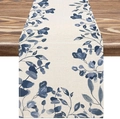 Camino de mesa de lino con patrones de hojas de acuarela en mesa de madera - Estilo 4