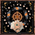 Close-up of tarot altar cloth with mandalas, moon phases, and mystical floral symbols - Hexagram Eye Rose Flower Moon Phase