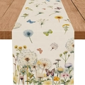 Camino de mesa de lino con flores de primavera en acuarela y mariposas sobre mesa - Estilo 5