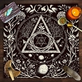 Square black tarot altar cloth with mystic symbols, mandalas and ceremonial candles decor - White Triangle Hexagram Runes