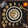 Macro detail of black altar cloth featuring golden sun, moon and zodiac signs - Golden Sun Moon 16 Moon Phases