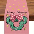Pink Christmas linen table runner with green wreath and Merry Christmas print - Pink Wreath Merry Christmas (8)