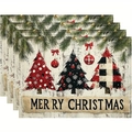 Detail showing set of four linen-textured Christmas placemats with festive tree patterns - Three Christmas Trees Buffalo Plaid Style (8)