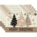 Detail of four linen placemats with artistic Christmas trees and Merry Christmas text - Artistic Three Christmas Trees Beige Base Style (9)