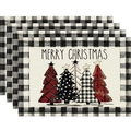 Set of 4 Christmas linen placemats featuring festive trees and black white plaid borders - Black & White Plaid Border Five Christmas Trees Style (10)