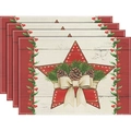 Detailed set of 4 Christmas linen placemats featuring red stars and pine cone patterns - Red Polka Dot Star & Holly Berry Style (11)